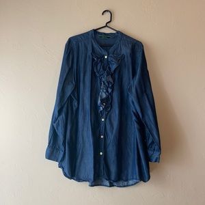 Chambray Ruffle Gold Button Front Tunic Top